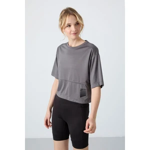 Tommy Life Koyu Gri Polyester Nefes Alan Dokulu İnce Esnek Oversize Fit Performans Kadın T-Shirt - 97284