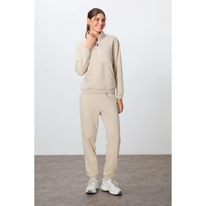 Tommy Life Bej Kompakt Pamuklu Kalın Pürüzsüz Dokulu Dik Yaka Oversize Fit Kadın Eşofman Takım - 95342