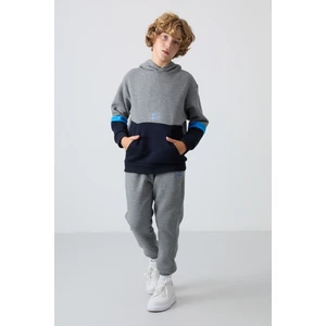 Tommy Life Gri Melanj Pamuklu Kalın İçi Tüylü Yumuşak Dokulu Standart Fit Nakışlı Erkek Çocuk Eşofman Takım - 11255