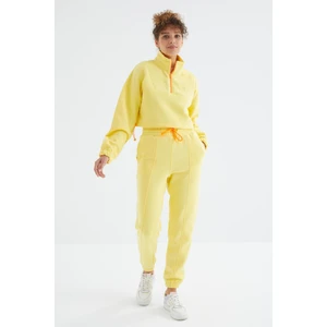 Tommy Life Limon Düşük Omuzlu Beli Büzgülü Yarım Boy Fermuarlı Oversıze Kadın Eşofman Takım - 95321