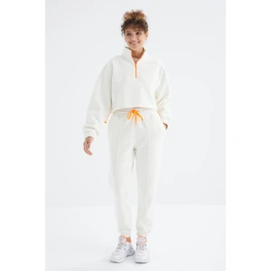 Tommy Life Ekru Düşük Omuzlu Beli Büzgülü Yarım Boy Fermuarlı Oversıze Kadın Eşofman Takım - 95321