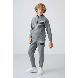 Tommy Life Gri Melanj Pamuklu Kalın İçi Tüylü Yumuşak Dokulu Standart Fit Baskılı Erkek Çocuk Eşofman Takım - 11246