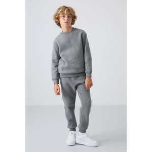 Tommy Life Gri Melanj Pamuklu Kalın İçi Tüylü Yumuşak Dokulu Standart Fit Nakışlı Erkek Çocuk Eşofman Takım - 11249