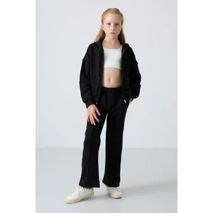 Tommy Life Siyah Pamuklu İçi Tüylü Yumuşak Dokulu Standart Fit Nakışlı Kız Çocuk Eşofman Takım - 75161