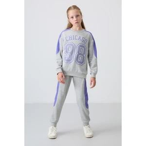 Tommy Life Gri Melanj Pamuklu İçi Tüylü Yumuşak Dokulu Standart Fit Baskılı Kız Çocuk Eşofman Takım - 75170