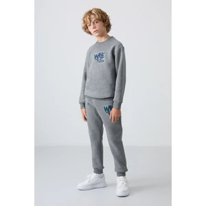 Tommy Life Gri Melanj Pamuklu Kalın İçi Tüylü Yumuşak Dokulu Standart Fit Baskılı Erkek Çocuk Eşofman Takım - 11253
