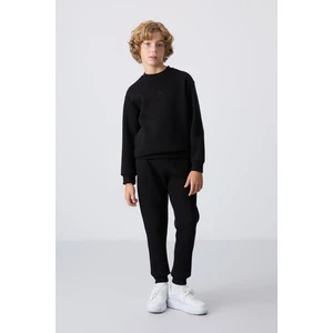 Tommy Life Siyah Pamuklu Kalın İçi Tüylü Yumuşak Dokulu Standart Fit Nakışlı Erkek Çocuk Eşofman Takım - 11249