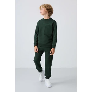 Tommy Life Çam Yeşil Pamuklu Kalın İçi Tüylü Yumuşak Dokulu Standart Fit Baskılı Erkek Çocuk Eşofman Takım - 11257