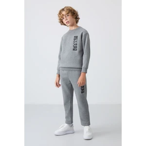 Tommy Life Gri Melanj Pamuklu Kalın İçi Tüylü Yumuşak Dokulu Standart Fit Baskılı Erkek Çocuk Eşofman Takım - 11233