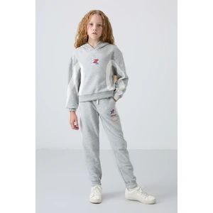Tommy Life Gri Melanj Pamuklu İçi Tüylü Yumuşak Dokulu Standart Fit Baskılı Kız Çocuk Eşofman Takım - 75166