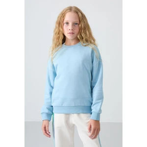 Tommy Life Açık Mavi Pamuklu İçi Tüylü Yumuşak Dokulu Oversize Nakışlı Kız Çocuk Sweatshirt - 75150