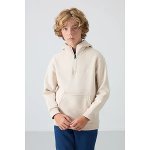 Tommy Life Bej Pamuklu Kalın İçi Tüylü Yumuşak Dokulu Standart Fit Nakışlı Erkek Çocuk Sweatshirt - 11244