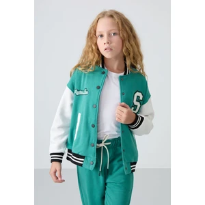 Tommy Life Deniz Yeşil Pamuklu İçi Tüylü Yumuşak Dokulu Standart Fit Nakışlı Kız Çocuk Kolej Ceket - 75163