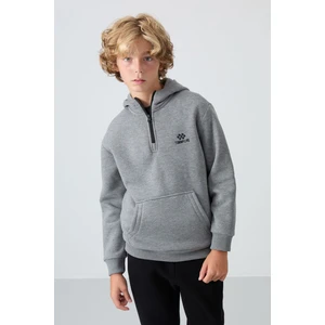 Tommy Life Gri Melanj Pamuklu Kalın İçi Tüylü Yumuşak Dokulu Standart Fit Nakışlı Erkek Çocuk Sweatshirt - 11244