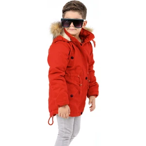 Çocuk Su Geçirmez Kışlık Uzun Kürk Kaplamalı Kanvas Kumaş Parka Model Kiremit Mont KABAN-MNT-2005