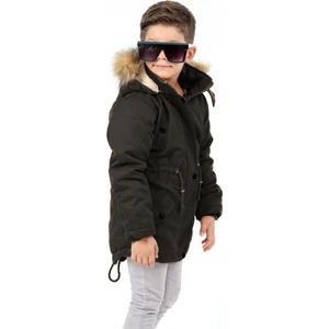 Çocuk Uzun Su Geçirmez Kanvas Kumaş Kürk Kaplamalı Uzun Siyah Mont KABAN-MNT-2005