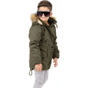 Erkek Çocuk Su Itici Kanvas Kumaş Içi Kürklü Çıkarılabilir Kapüşonlu Kışlık Kürklü Uzun Haki Yeşil Mont KABAN-MNT-2005