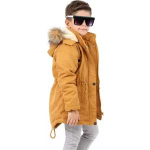 Erkek Çocuk Su Geçirmez Kanvas Kumaş Kürklü Çıkarılabilir Kapüşonlu Kışlık Uzun Hardal Sarı Mont KABAN-MNT-2005