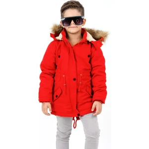 Erkek Çocuk Belden Büzmeli Parka Model Kışlık Uzun Kırmızı Mont KABAN-MNT-2005