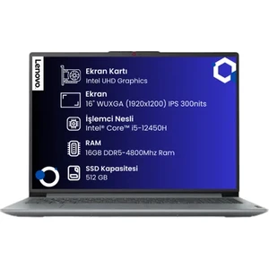 Ideapad Slim 3 16IAH8 Intel Core I5-12450H 16GB 512GB SSD 16" Wuxga (1920X1200) IPS Panel Freedos Taşınabilir Bilgisayar 83ES0034TR
