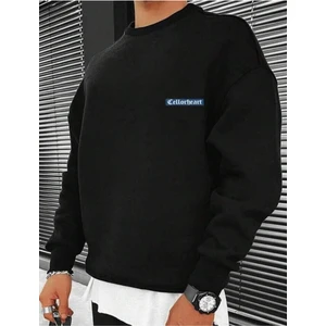 Erkek Siyah Oversize Celloheart Baskılı Bisiklet  Yaka Sweatshirt
