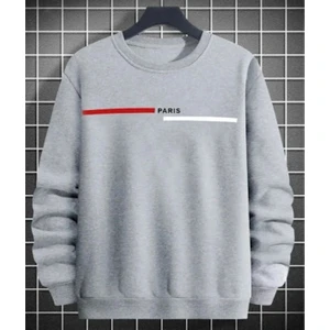 Erkek Gri  Paris Baskılı Yazılı Bisiklet Yaka Sweatshirt
