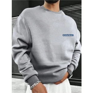 Erkek Gri Oversize Celloheart Baskılı Bisiklet  Yaka Sweatshirt