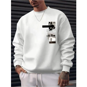 Erkek Beyaz New Moment The Post Baskılı Bsiklet Yaka Sweatshirt