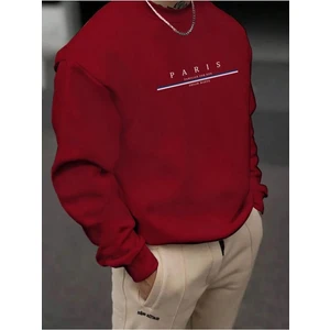 Erkek Kırmızı Paris Baskılı Bisiklet Yaka Sweatshirt