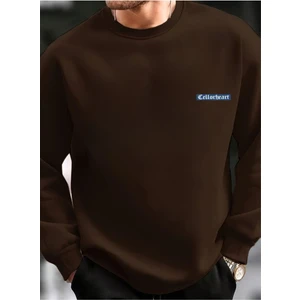 Erkek Kahverengi Oversize Celloheart Baskılı Bisiklet  Yaka Sweatshirt