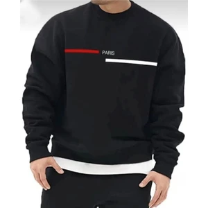 Erkek Siyah Paris Baskılı Yazılı Bisiklet Yaka Sweatshirt