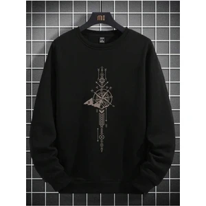 Unisex Siyah Pusula Baskılı Bisiklet Yaka Sweatshirt