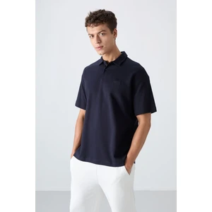 Tommy Life Tommy Life  Lacivert Pamuklu Kalın Yumuşak Dokulu Oversize Fit Basic Polo Yaka Erkek T-Shirt - 88327