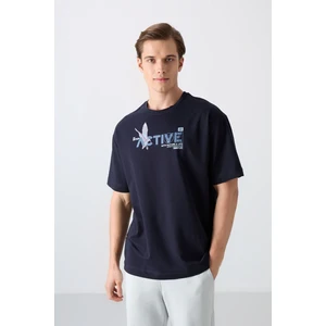 Tommy Life Tommy Life  Lacivert Pamuklu Kalın Yumuşak Dokulu Oversize Fit Baskılı Erkek T-Shirt - 88344