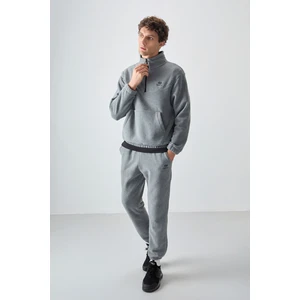 Tommy Life Gri Melanj Erkek Yarım Fermuar Dik Yaka Lastik Paça Polar Eşofman Takımı - 85159