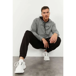 Tommy Life Tommy Life  Gri Melanj-Siyah Erkek Kapüşonlu Kanguru Cep Oversize Lastik Paça Eşofman Takımı - 85117