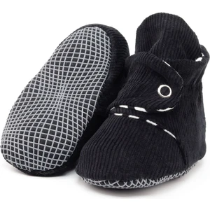 Ella Bonna Fitilli Kadife Bebek Pandufu, Kaydırmaz Taban, Çizgili Kreş Ayakkabısı, Organik Pamuk Patik, Siyah