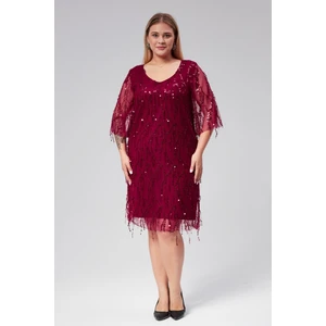 Büyük Beden V Yaka Saçak Pul Işlemeli  Abiye Elbise-Bordo