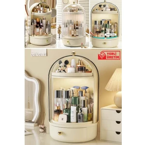 House by House Glow Vitrin 360 Döner Standlı Çekmeceli Raflı Hazneli Makyaj Kozmetik Organizer