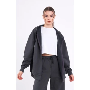 Antrasit Kanguru Cepli Kapüşonlu Fermuarlı Oversize Kadın Sweatshirt MTLCB73