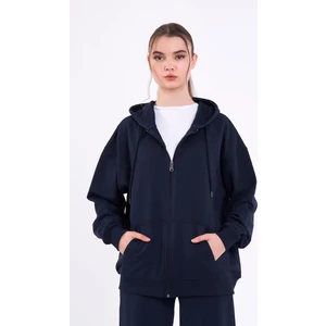 Lacivert Kanguru Cepli Kapüşonlu Fermuarlı Oversize Kadın Sweatshirt