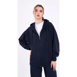Lacivert Kanguru Cepli Kapüşonlu Fermuarlı Oversize Kadın Sweatshirt CMRB73