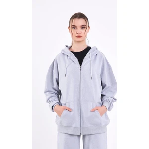 Gri Kanguru Cepli Kapüşonlu Fermuarlı Oversize Kadın Sweatshirt CMRB73-GRI