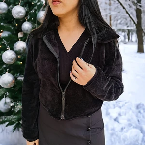 Fermuarlı Dik Yaka Oversize Peluş Ceket Hırka