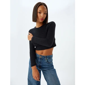 Uzun Kollu Tişört Crop Kayık Yaka Yumuşak Dokulu Slim Fit