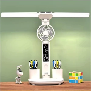 Fanlı Çok Fonksiyonlu  3 Renk LED Işık Masa Lambası Masa Saati Kalemlik Termometre