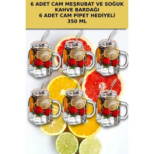 6'lı Kavanoz Bardak Pipet Hediyeli Set Model Kokteyl Soğuk Kahve Meşrubat Bardak Seti 350 ml