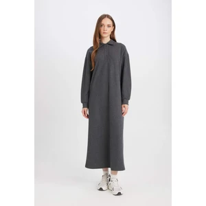 Düğmeli Polo Yaka Basic Düz Uzun Kollu Selanik Kumaş Maxi Triko Elbise B7260AX24WN