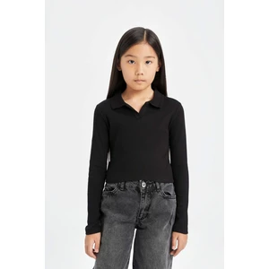 Kız Çocuk Cropped Fit Polo Yaka Basic Düz Fitilli Kaşkorse Uzun Kollu Tişört D3367A824AU