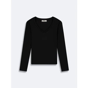 V Yaka Fitilli Siyah Sweatshırt